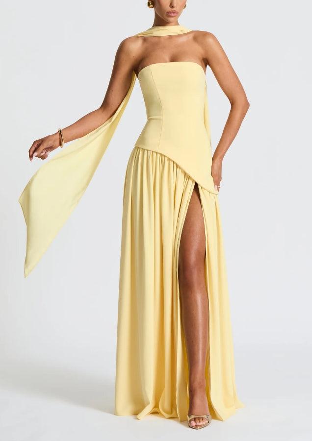 Strapless Slit Ribbon - Maxi Dress